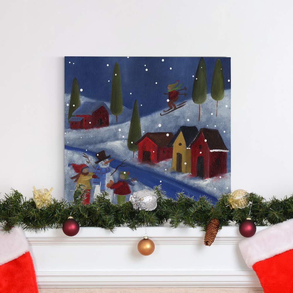 Renditions Gallery Winter Snow Scene (1) Wall Art, Cute Christmas Artwork, Skiing, Building a Snowman, Red Barn, Premium Gallery Wrapped Canvas Decor, Ready to Hang, 40 in H x 40 in W, Made in America