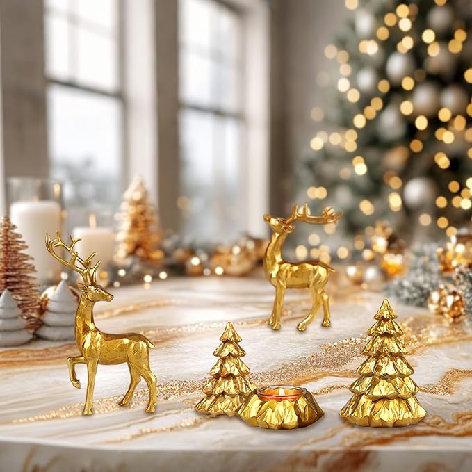 Christmas Reindeer Figurines 4 PCS Resin Tree Decorations Indoor Xmas Collectible Deer Statue Cute Holiday Ornament with 2pcs Tealights for Table Home