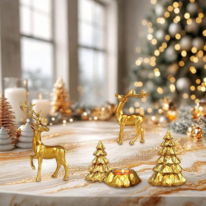 Christmas Reindeer Figurines 4 PCS Resin Tree Decorations Indoor Xmas Collectible Deer Statue Cute Holiday Ornament with 2pcs Tealights for Table Home