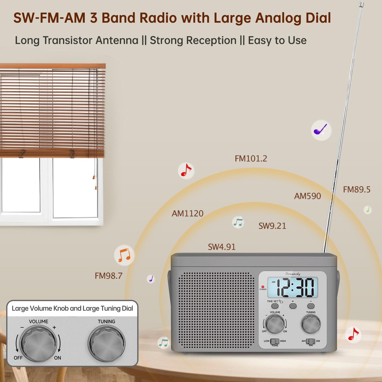 DreamSky AM FM Radio Portable Shortwave Radio Battery Powered/Plug in Wall