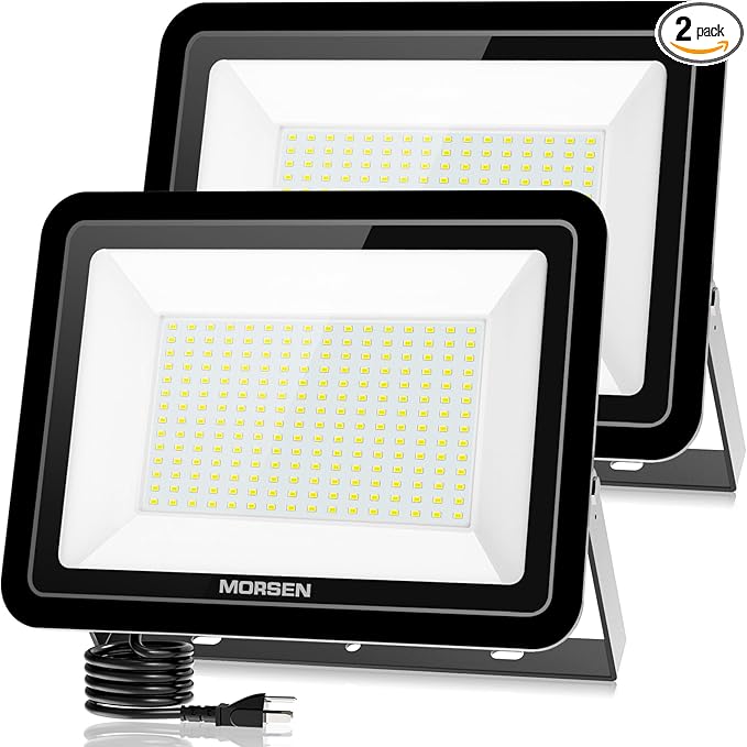 MORSEN 300W Flood Light Outdoor Plug in - 30000LM 5000K LED Flood Light, IP66 Waterproof, UL Listed Daylight Security Lights for Garden, Yard, Garage, Stadium, 2 Pack