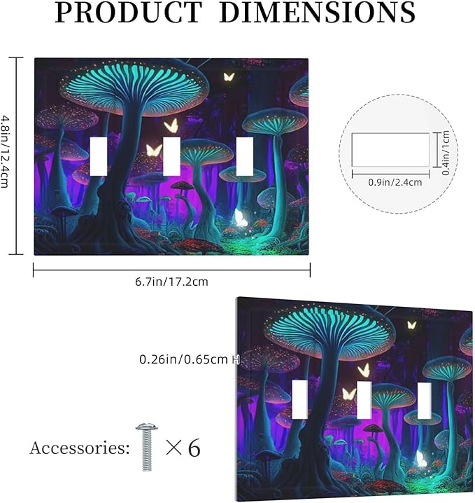 Fantasy Mushroom Forest Glowing Butterfly 3 Gang Wall Plates Decorative Triple Toggle Light Switch Cover Electrical Switchplate Unused Decorate Faceplate for Bathroom Home