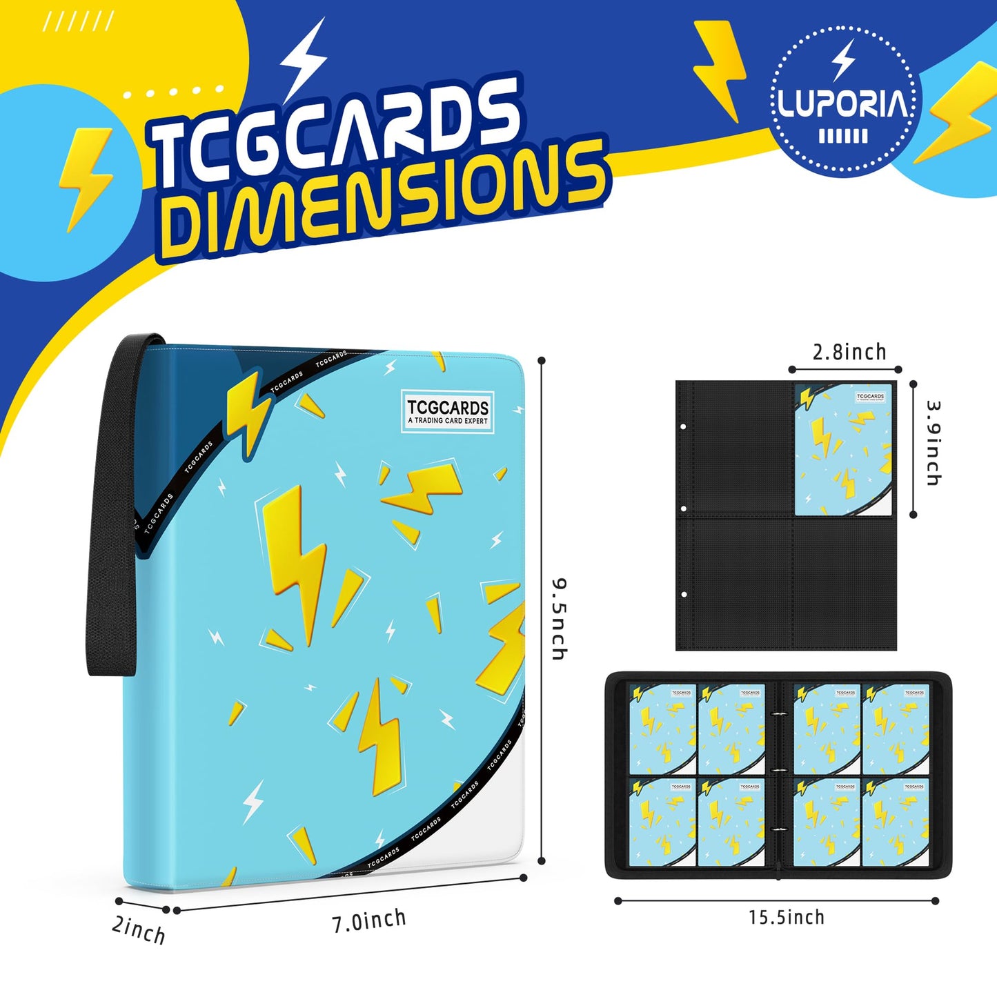 Trading Card Binder 4 Pocket,400 Pocket Card Collection Binder with 50 Removable Sleeves,PU Waterproof Top Card Book,3-Ring Zipper Collectible Trading Card Album for MTG/TCG/Card Holder Gift(Blue)