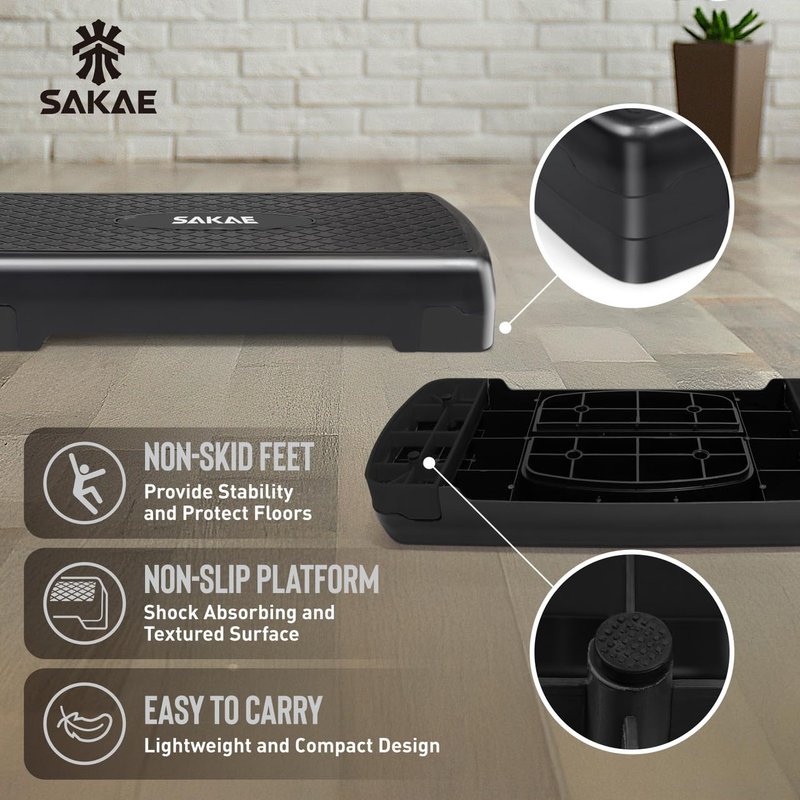 Black Exercise Step Platform Set with Kettlebell & Measuring Tape, Adjustable Height 2 Level Risers Workout Step Trainer, Aerobic Steppers for Home Gym Exercise Fitness Workout