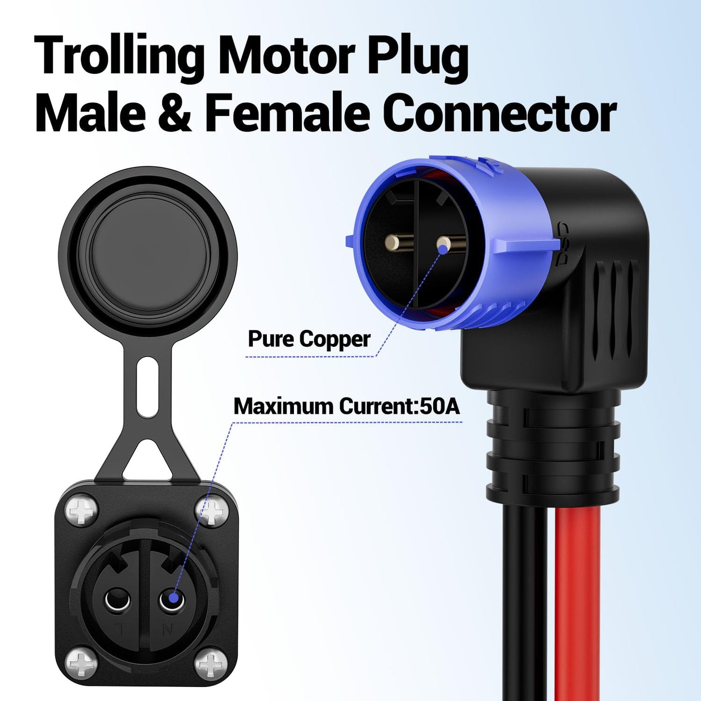 Trolling Motor Plug,12V/24V/36V/48V 2-Wire 8 Gauge 50A Receptacle for Minn Kota Marine Boat, Male & Female Waterproof Quick Connect (Elbow)
