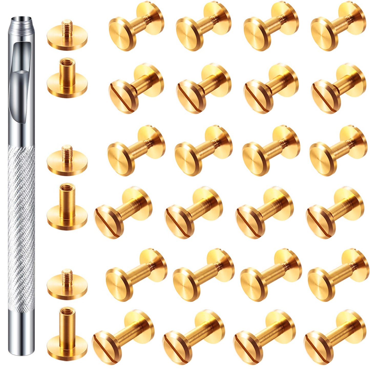 Hotop 60 Pairs Gold Chicago Screws Brass Chicago Screws Solid Rivets for Belts Binding Stud Tools Leather Fasteners Rivets Belt Strap with Hole Punch Tool for DIY Jean(Gold,Mixed Size)