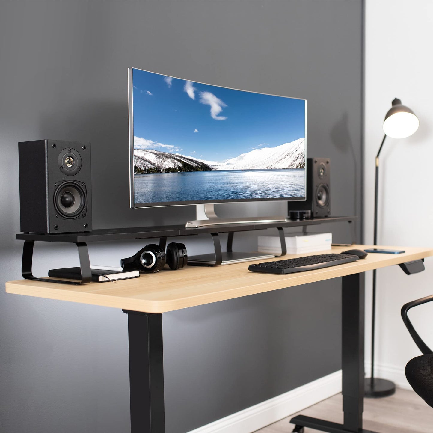 VIVO 55 inch Extra Long Monitor Stand, Wood & Steel Desktop Riser, Multi Screen, TV, Keyboard, Laptop, Ergonomic Desk and Tabletop Organizer, Black, STAND-V000D5
