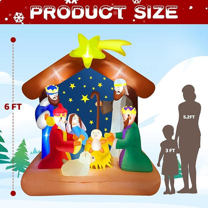 6FT Christmas Inflatable Nativity Scene Outdoor with Build-in LED Light, Large Christmas Decorations Inflatables Nativity Blow Up for Indoor, Outdoor, Garden, Lawn