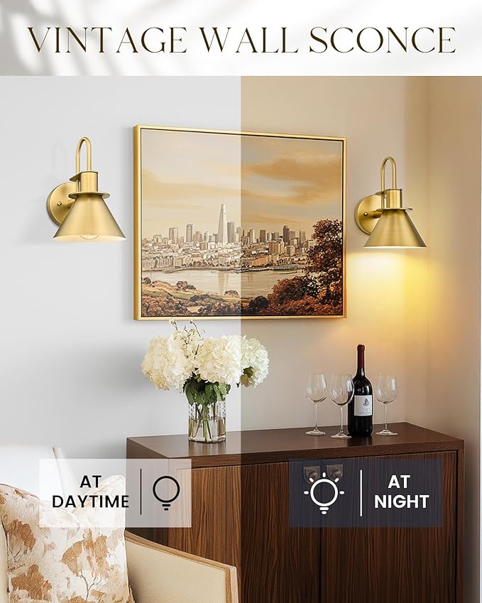 Gold Wall Sconces, HWH Indoor Wall Lights, Gooseneck Barn Wall Lamp, Brass Wall Sconce Light for Bedroom Living Room Kitchen, Gold Finish, 5HZG56B BG