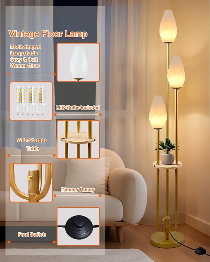 Lightdot Gold Floor Lamp with Tray, 3-Lights Dimmable Floor Lamps with Rock-Shaped Shade, Unique Candle Holder Style Modern Tall Lamp for Living Room/Party(Bulbs Included)