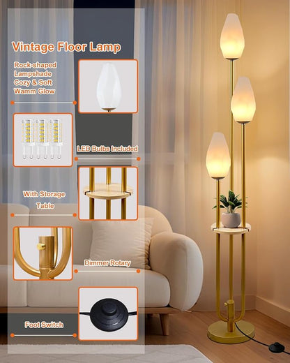 Lightdot Gold Floor Lamp with Tray, 3-Lights Dimmable Floor Lamps with Rock-Shaped Shade, Unique Candle Holder Style Modern Tall Lamp for Living Room/Party(Bulbs Included)