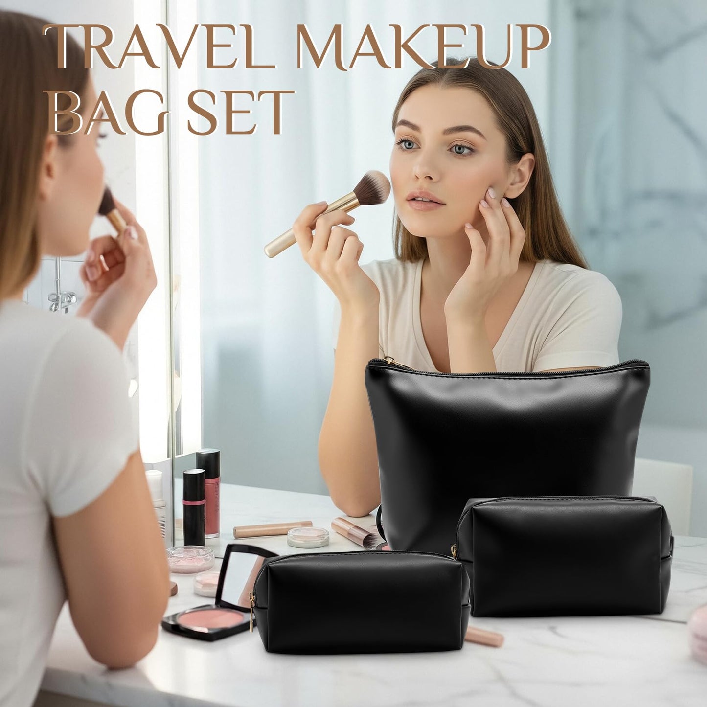 Kigeli 3 Piece Leather Makeup Bag Set Graduation Women Gifts PU Leather Makeup Toiletry Bag Bridesmaid Cosmetic Pouch Small Aesthetic Travel Purse for Wedding Birthday Women Gifts(Black)