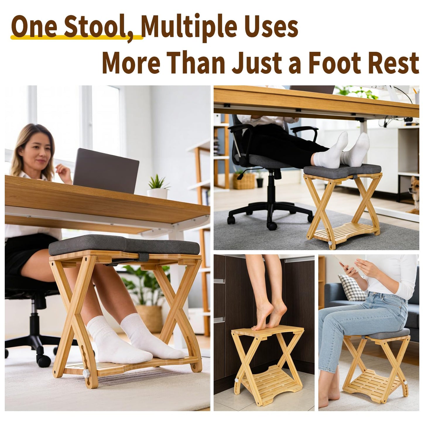 Double Step Foot Rest Under Desk at Work, Bamboo Foot Stool with 6 Adjustable Heights, Ergonomic Under Desk Footrest with Cushion for Home, Office & Gaming (Natural Color)