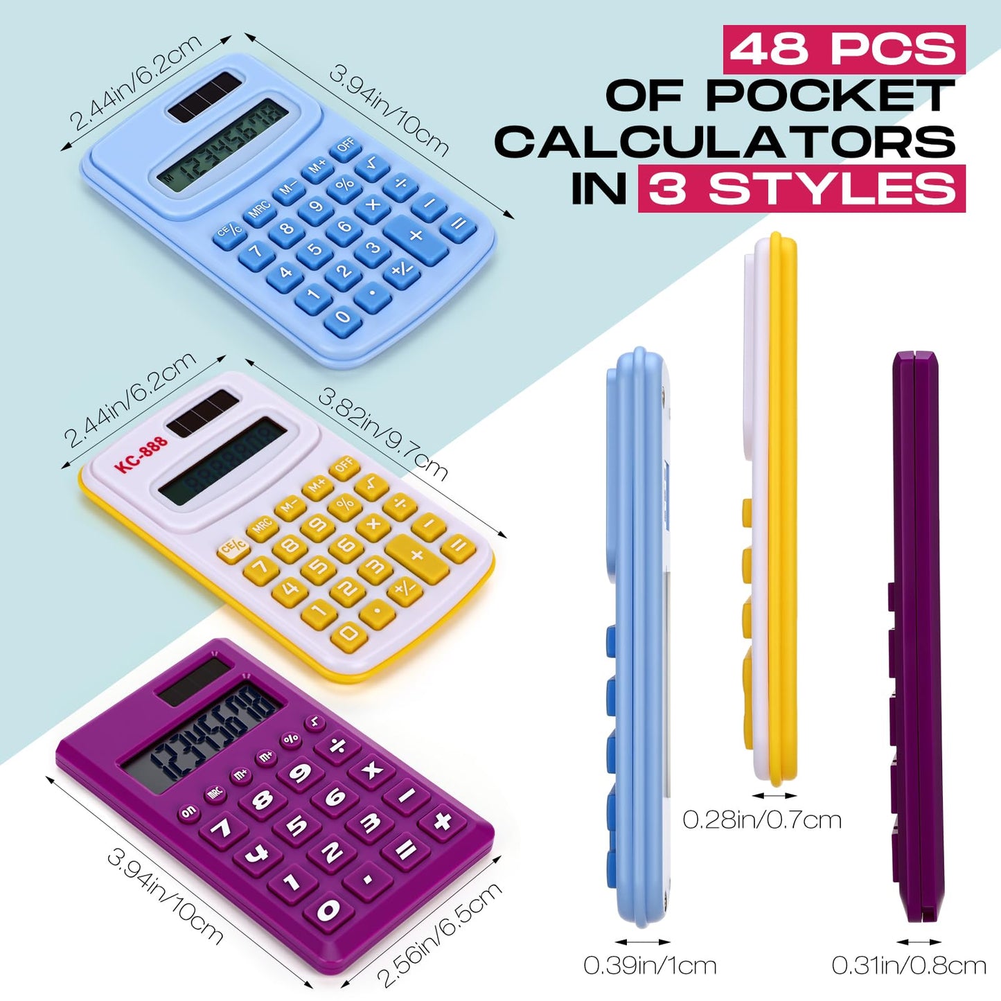 Yunsailing 48 Pcs Pocket Calculators Bulk Mini 8 Digit Handheld Calculator Small Basic Standard Calculator for Students Kids Teachers School Desktop Home Office, 3 Designs (Fresh)