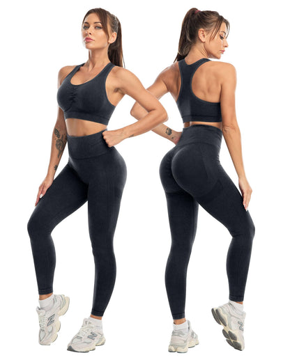 SALSPOR 3 Piece Workout Sets for Women Butt Lifting Leggings with High Impact Sports Bra Gym Shorts Activewear Matching Set(3DWX-Washed Black-M)