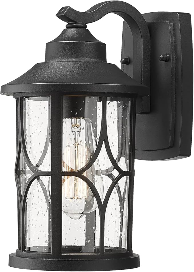 zeyu Farmhouse Outdoor Wall Lantern - 12 Inch Exterior Wall Sconce, Cast Aluminum with Seeded Glass, Black Finish, ZX48B BK