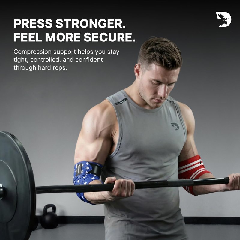 DMoose Fitness Elbow Wraps for Weightlifting (Pair) - 40'' Adjustable Strap for Gym Workout & Bench Press, Compression Elbow Sleeves for Tendonitis, Joint Support, Powerlifting & Deadlifts