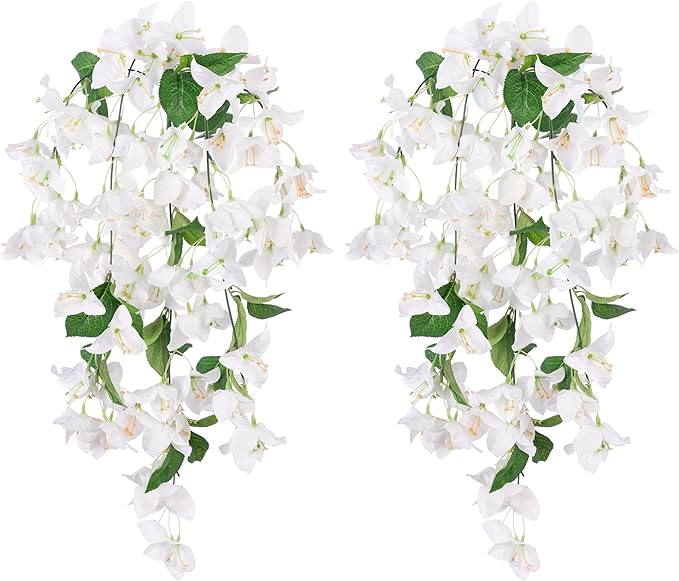 2PCS Bougainvillea Artificial Hanging Flowers Plants for Outdoors Outside Fall Decoration, Faux Silk Flowers Fake Vines UV Resistant Look Real Realistic for Front Door Porch Planter Balcony, White