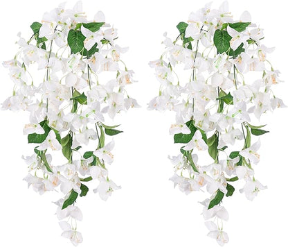 2PCS Bougainvillea Artificial Hanging Flowers Plants for Outdoors Outside Fall Decoration, Faux Silk Flowers Fake Vines UV Resistant Look Real Realistic for Front Door Porch Planter Balcony, White