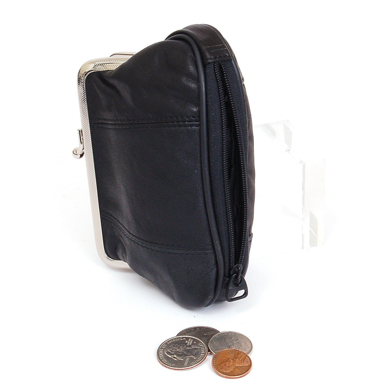 Womens Leather Mini Wallet ID Credit Cards Cash Coin Holder Case Organizer Puse with Framed & Zipper Closures - Black