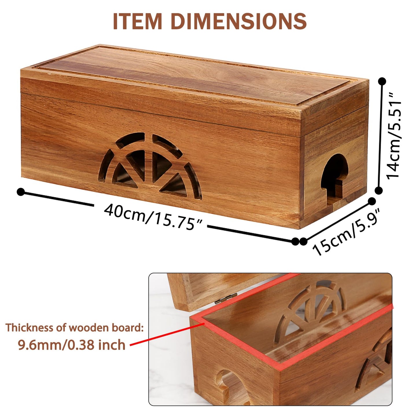 Wood Cable Management Box - 15.8" (L) x 6" (W) 5.5" (H) Acacia Wood Cable Hider Box, Cord Hider with Magnet Design & Outlet Hole, Power Strip Surge Protect & Organizer for Home Office Kitchen TV Wires