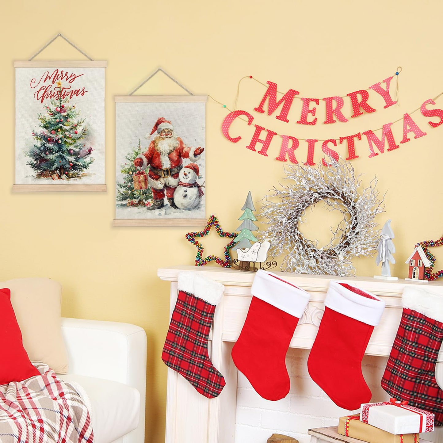 LUVADIAN Merry Christmas Wall Art with Wood Poster Hanger Set of 2, Christmas Tree Wall Decor Santa Claus Snowman Posters Artwork for Walls Decorations, 12x16 Inches