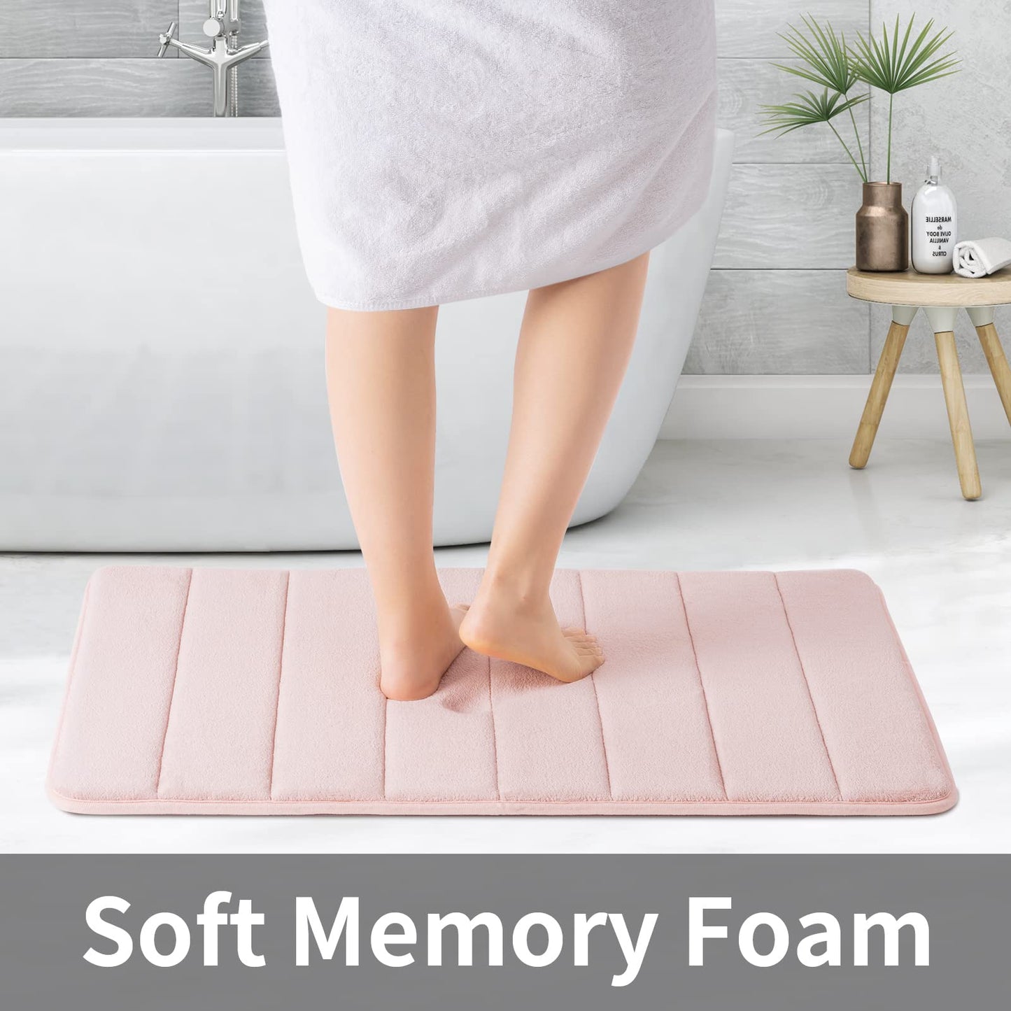 ROSMARUS Memory Foam Bath Mat 17” x 24”, Water Absorbent Bath Mats for Bathroom, Non Slip Washable Bathroom Rugs for Shower, Ultra Soft Bathroom Mats for Floor & Tub, Pink