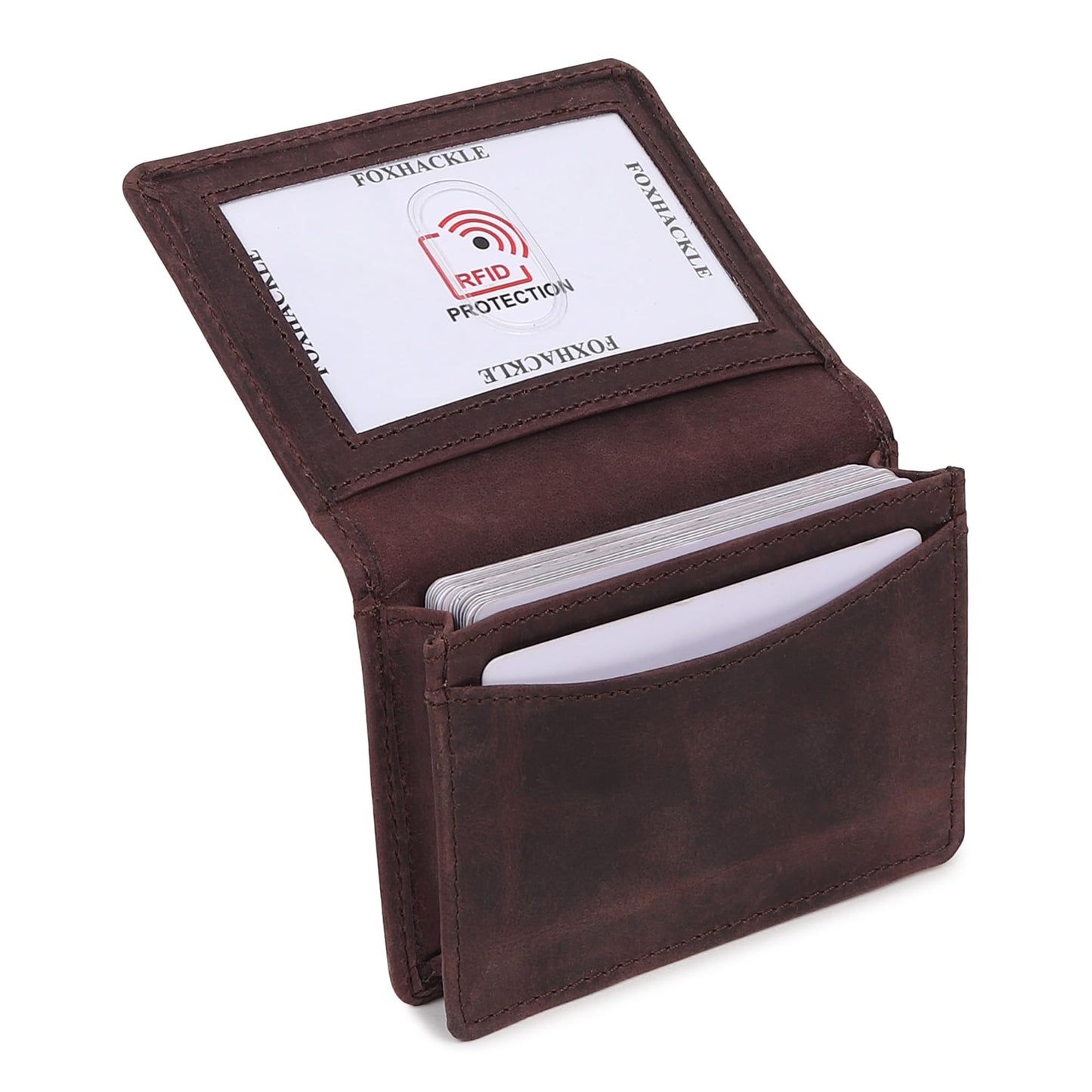FOXHACKLE Leather Credit Card Holder For Men and Women, Small RFID Blocking Bifold Wallet (With ID Slot, Hunter Coffee Brown)