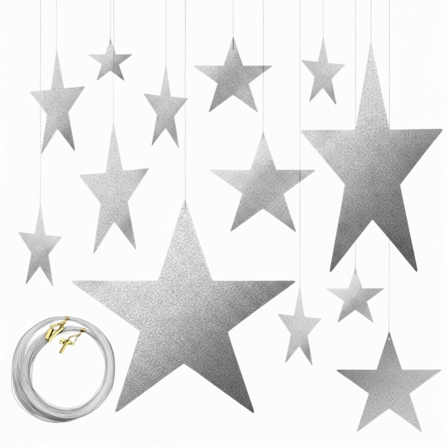 Boao 144 Pieces Silver Stars Shaped Cutouts Silver Cardboard Stars 4 Sizes 6cm/12cm/20cm/30cm Hanging Glitter Garlands with Nylon String for Wedding Birthday Party Graduation Classroom Wall Decor