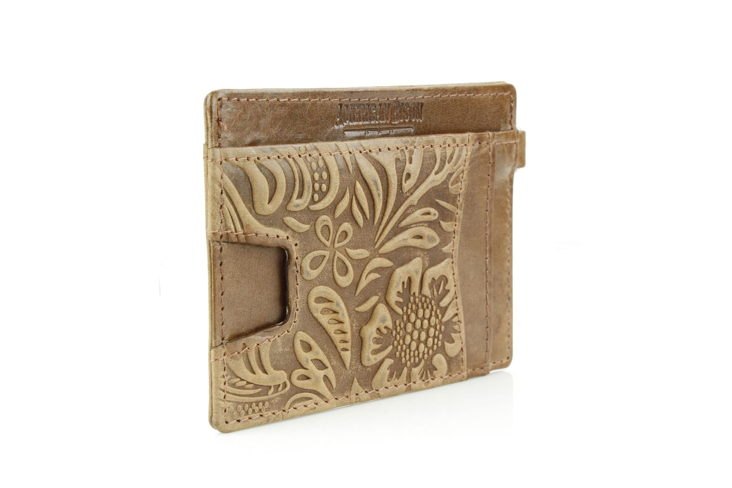 American Bison Embossed Floral Wristlet Wallet for Women – Small ID Card Holder with Credit Card Slots & Pull Tab Organizer – Compact Leather Wrist Strap Clutch (Tan)