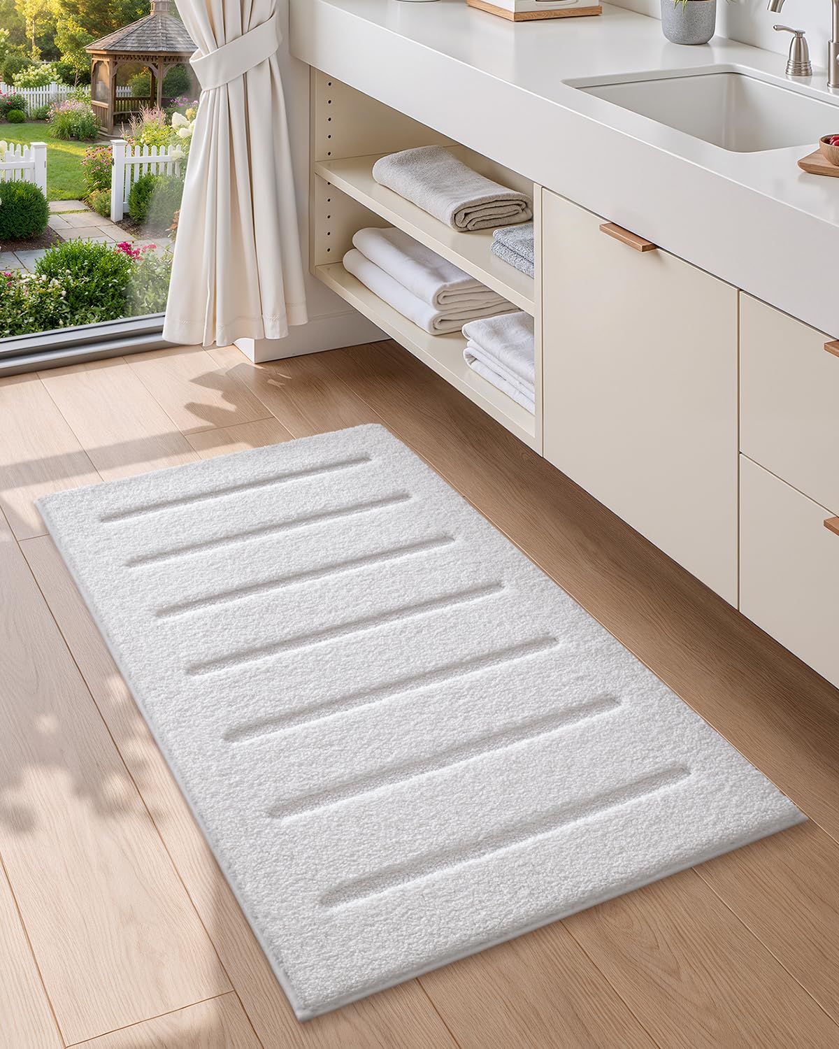 Color&Geometry White Bathroom Rugs 30x17, Ultra Soft Absorbent Microfiber Bath Rugs, Washable Plush Striped Bathroom mat, Non-Slip Bath Mats for Bathroom, Bathtub, Shower, Laundry, White