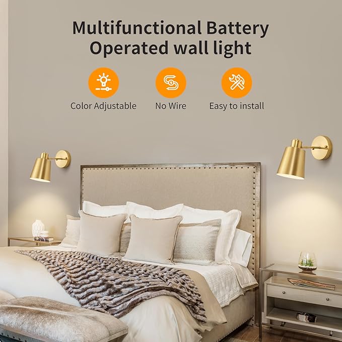 2 Pack Gold Wireless Battery Operated Wall Sconces, Dimmable Battery Powered Wall Decor Set of 2, Cordless Indoor Wall Light Lamp with Remote Control for Bedroom Living Room