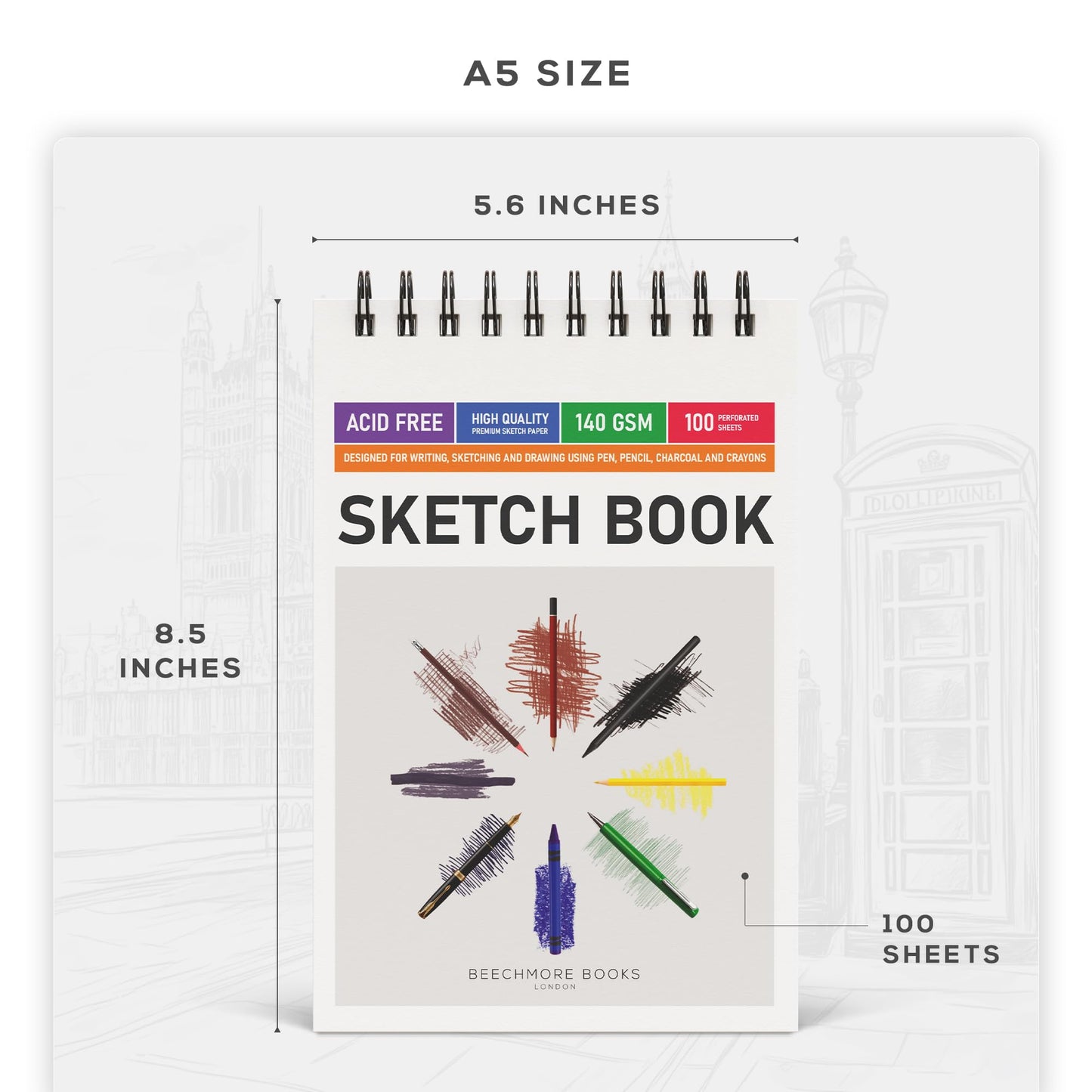 BEECHMORE BOOKS 5.6"x8.5" Spiral Sketchbook – 140 GSM Acid-Free Paper, 100 Perforated Pages, A5 Art Sketch Pad for Drawing & Sketching, Artists, Adults