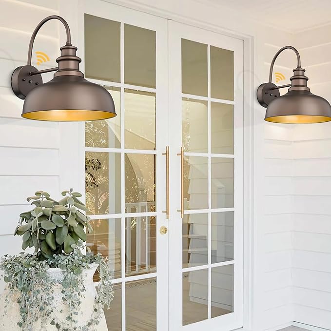 Bestshared 14 Inch Dusk to Dawn Gooseneck Barn Lights Farmhouse Outdoor Wall Sconce Industrial Exterior Wall Lighting Fixture Vintage Porch Lantern Lamp for Patio,Garage,Front Door(ORB+Gold,14"-1Pack)