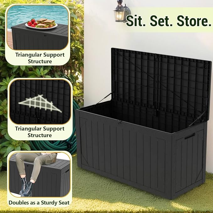 Deck Box outdoor waterpoorf, Storage Box Outdoor and Indoor for Pool Toys, Patio Cushions, Resin Storage Bin for Outside, Lockable (Black, 100 Gallon)