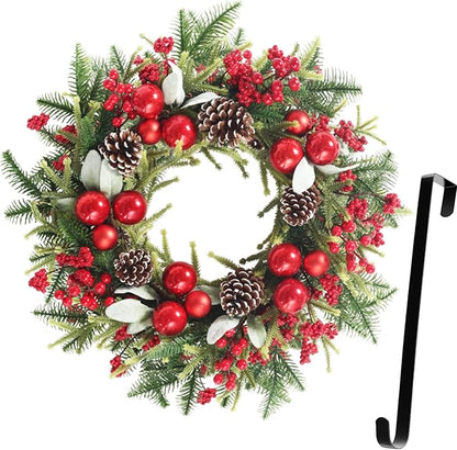 Super Holiday Artificial Christmas Wreath, Front Door Wreaths Decorations for Home, Party, Holiday, Thanksgiving, Xmas Decor - with Wreath Hanger, Green/Red