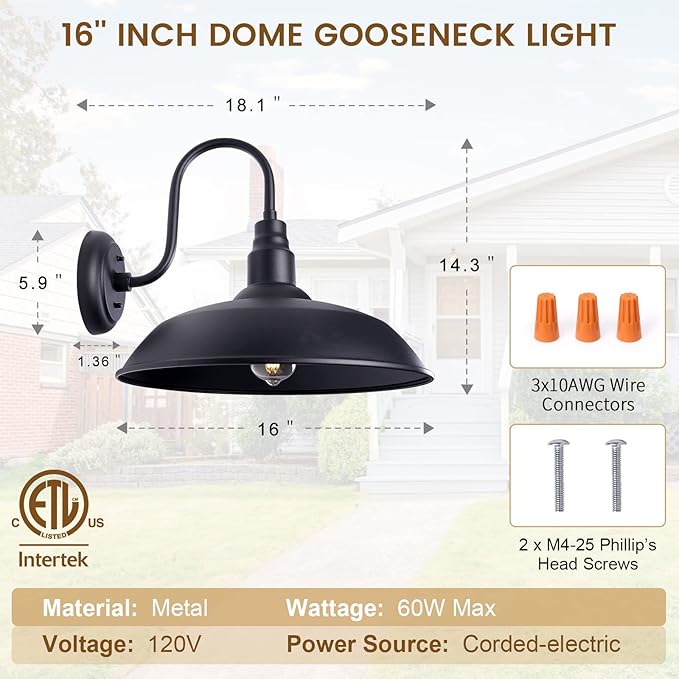 Large Black Gooseneck Barn Light for Farmhouse, 16in Dome Outdoor Wall Lights for Porch, 4 Pack Exterior Lighting Fixture with Goose Neck Arm for Front and Back Porch House Garage Door