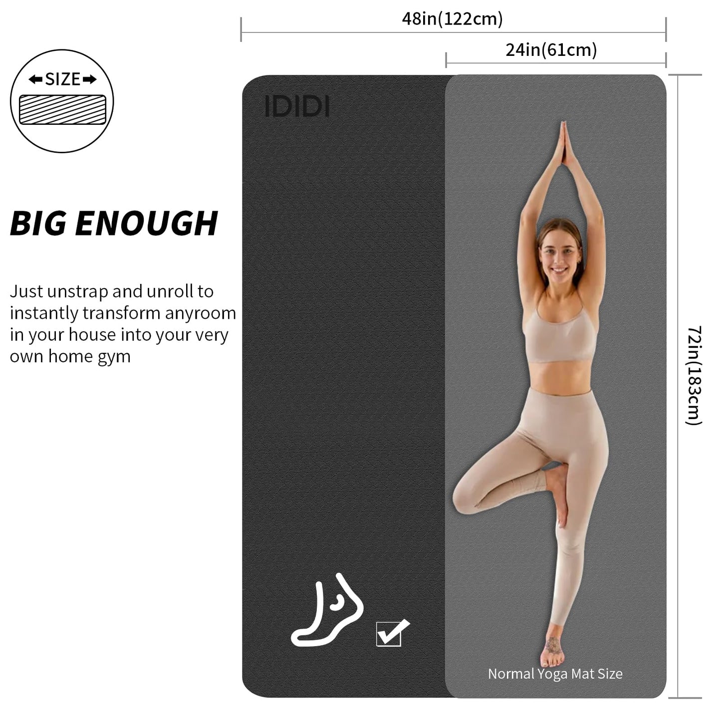 Large Yoga Mat (6'x 4') - Extra Long and Wide Workout Mat for Men and Women, Non-Slip POE 0.24''/0.32''/0.4'' Thick Fitness Mat, Eco-Friendly Exercise Mat for Home Workouts, Ideal for Yoga and Pilates (Black, 6mm)