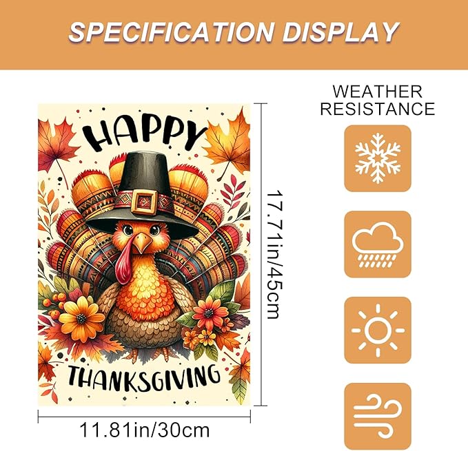 Thanksgiving Garden Flag 12x18 Inch Double Sided Turkey Flags Happy Fall Pumpkin Leaves Acorn Small Yard Flag Autumn Harvest Decoration for Outdoor Porch Lawn Holiday Seasonal Display