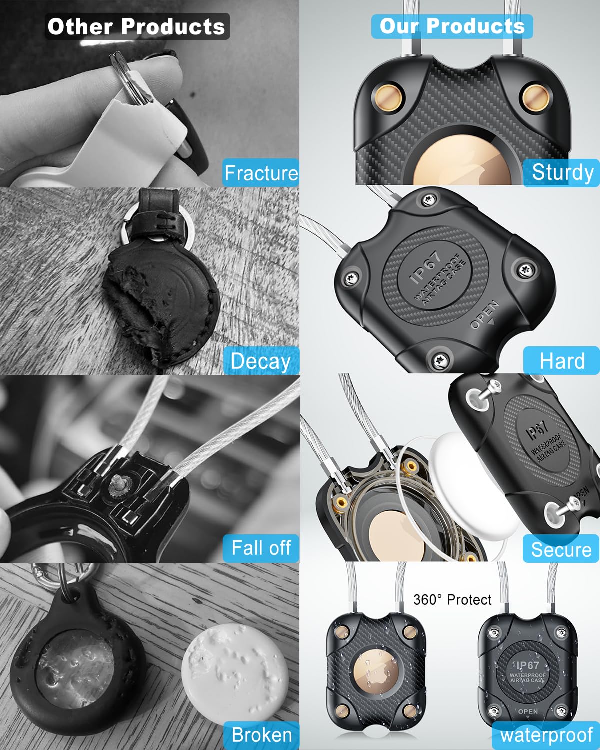 DEERLET for Airtag (1st & 2nd Gen) Holder with Wire Cable 4 Pack, Secure Lock Airtag Keychain,IPX7 Waterproof,360°Hard Protective Air Tag Case Holder for Key Chain,Key Ring,Car,Luggage