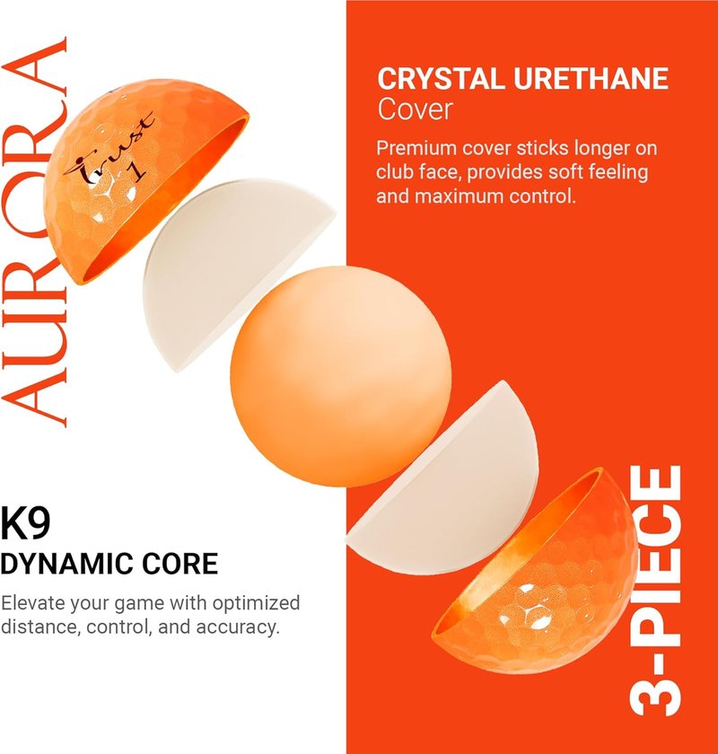 Trust Golf Balls - Aurora & Rosa Crystal Urethane Series | Maximum Distance & Soft Feel | Blue, Orange, Pink, Yellow | 12 or 48 Count