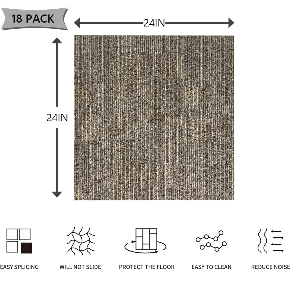 Carpet Tiles 24"x 24" Squares Carpet Reusable,18 Tiles, Non Slip Easy DIY Installation Seamless Floor Tiles Rug for Bedroom Living Room Office etc