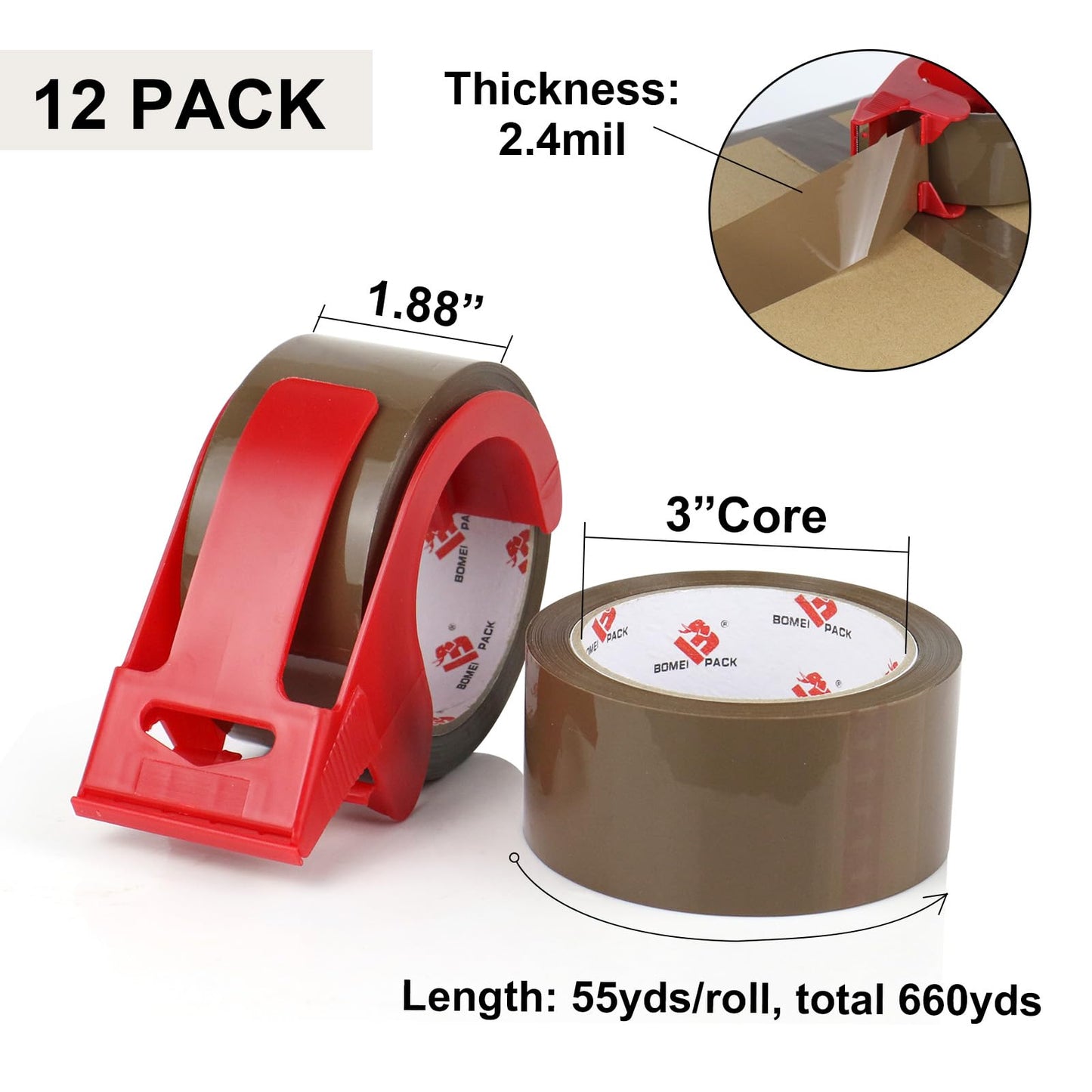 BOMEI PACK Brown Packing Tape with Dispenser, 2.6 mil 1.88 inch x 55 Yards 12 Pack Total 660 Yards, Heavy Duty Brown Tape Package Refills for Shipping, Mailing, Moving & Storage