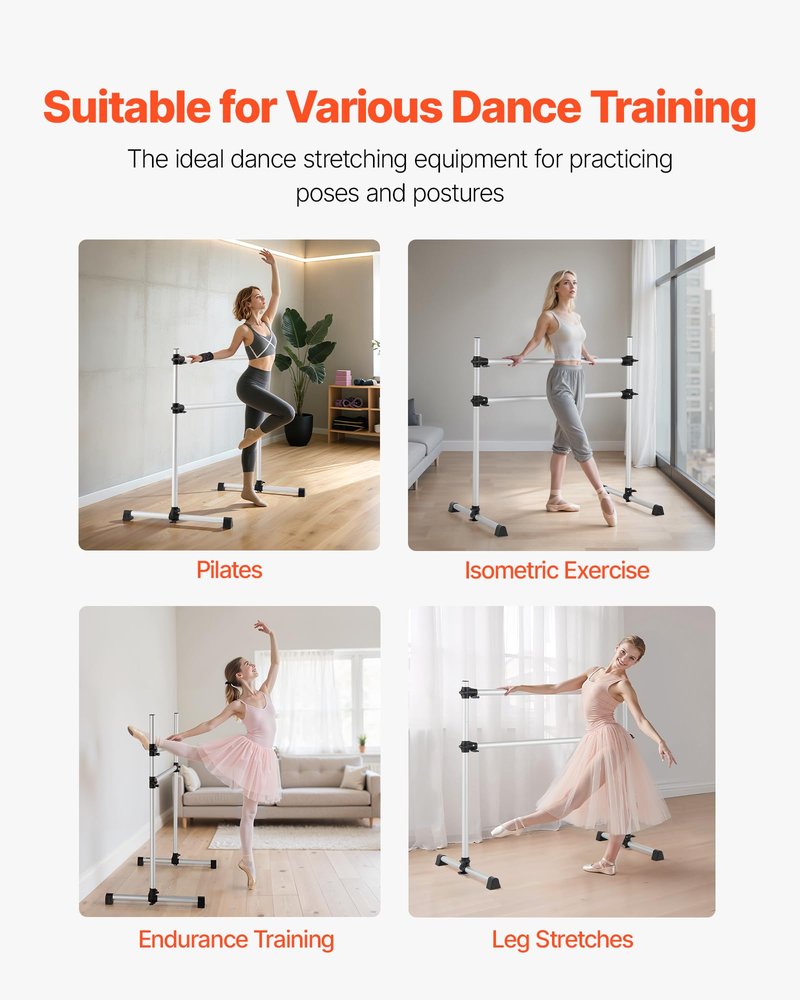 VEVOR Ballet Barre, 4 Ft Aluminum Double Barre Bar for Home, Freestanding Portable Ballet Stretching Dance Bars, Height Adjustable Anti-Wobble Fitness Studio Equipment, for Pilates Balance Workout