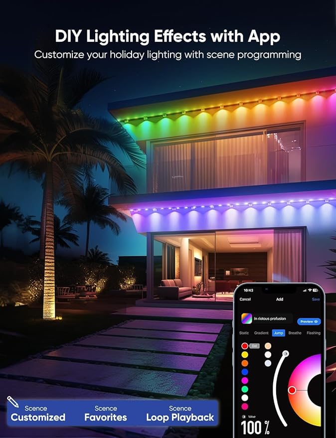 APPECK Permanent Outdoor Lights Pro 150ft, 108W RGBCW Eaves Light with 108 LED Lights, 80lm, Cuttable, 111 Scene Modes, IP67 Waterproof Lighting for Halloween Decoration, Work with Alexa, Black