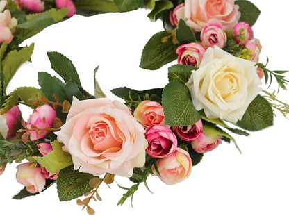 Ogrmar Artificial Flower Wreath/Handmade Floral Artificial Simulation Rose Flowers Garland Wreath for Home Front Door Christmas Wedding Party Decoration (Rose)
