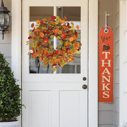 22“ Thanksgiving Fall Wreaths for Front Door Outside - Orange Green Eucalyptus & Berries Front Porch Door Wreath Decor, Harvest Autumn Decor.