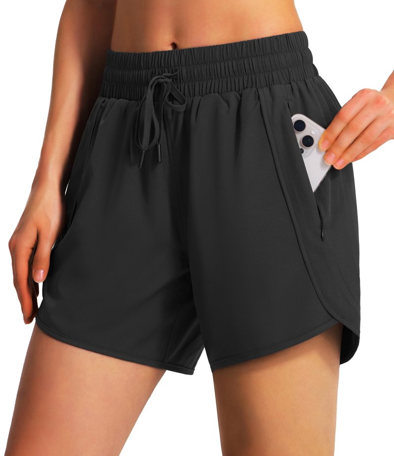 Ksmien Women's 5"/ 7" Athletic Running Shorts Quick Dry Lightweight Workout Gym Shorts with Zipper Pockets UPF 50+ Black S