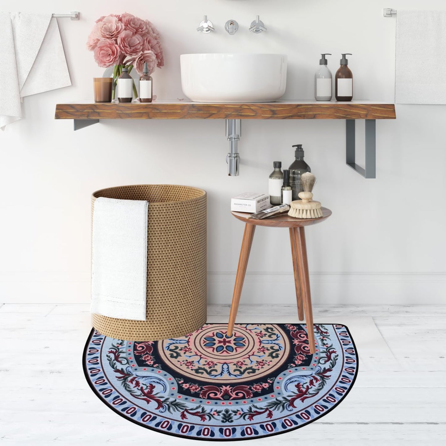 NEWBILITI Mandala Half Circle Doormat Boho BathMat Semi Round Non-Slip Bathroom Rugs Floor Mat Linen Half Sun and Moon Rug Bohemian Decor Bath Door Semicircle Mats, Disc Flower