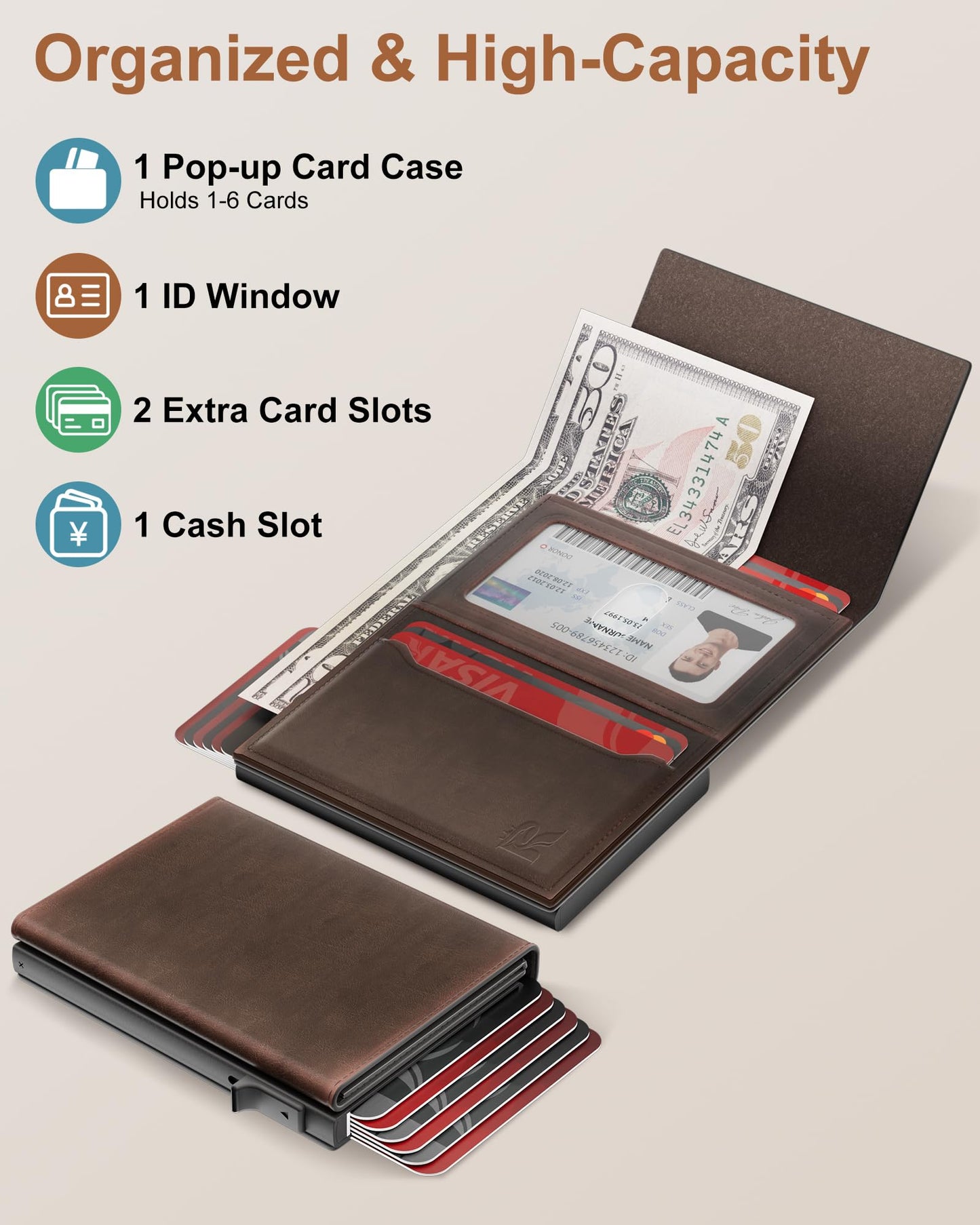 ROYAL KIT Wallet for Men Card Holder: Pop Up Card Case, RFID Blocking, Premium Genuine Leather, Slim, Minimalist, Front Pocket - 14 Card Capacity | ID Window | Cash Slot (Brown)